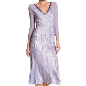 Komarov Sequin V-neck 3/4 Sleeves Midi Flare Dress